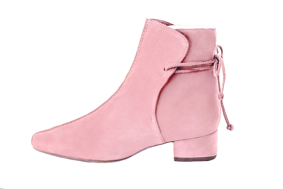 Carnation pink women's ankle boots with laces at the back. Round toe. Low block heels. Profile view - Florence KOOIJMAN